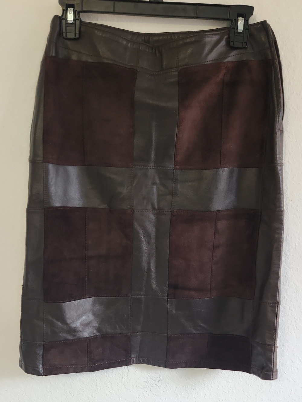 Y2k Dark Brown Genuine Leather Suede Patchwork Pencil Skirt Midi Vintage